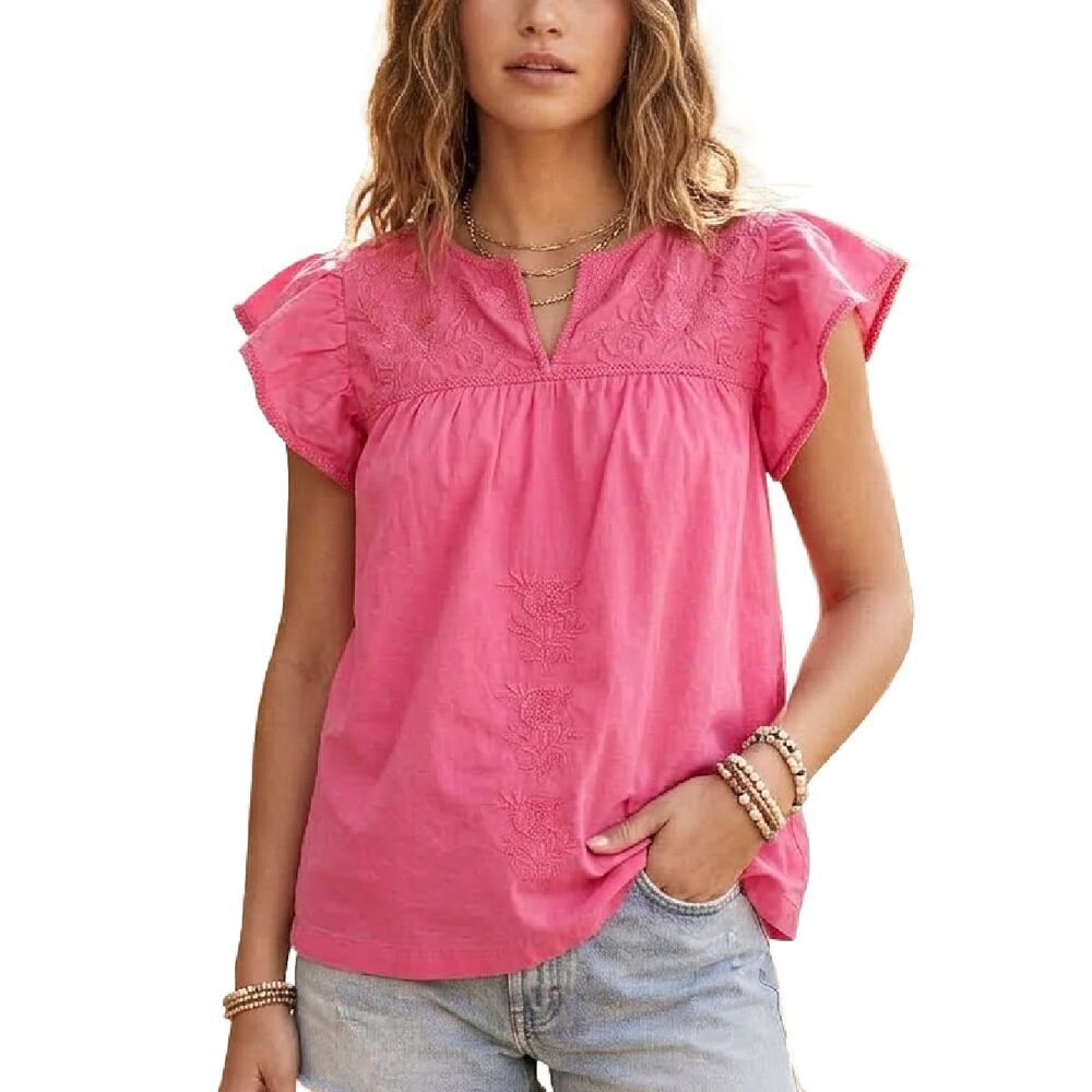 J Marie Pink Embroidered Flutter Sleeve Top Split Neck Peasant Blouse Size XS